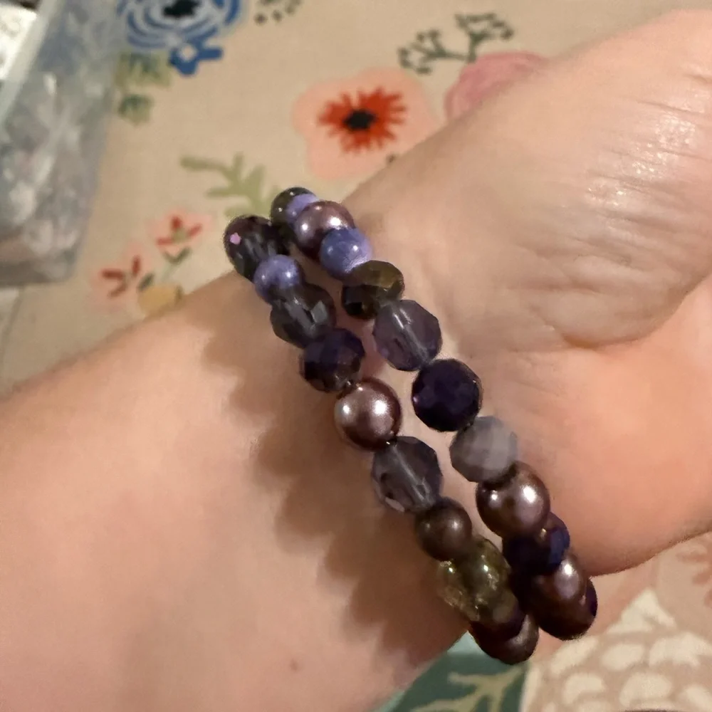 Purple Beaded Wrap Bracelet Multi Strand Coil Faux Pearl‎ Glass Crystal Charm